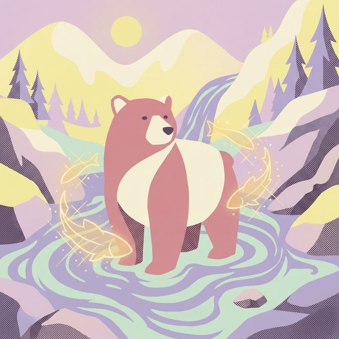 A bear standing in a mountain stream catching fish that are made of shimmering golden light instead (jpucxnpw)