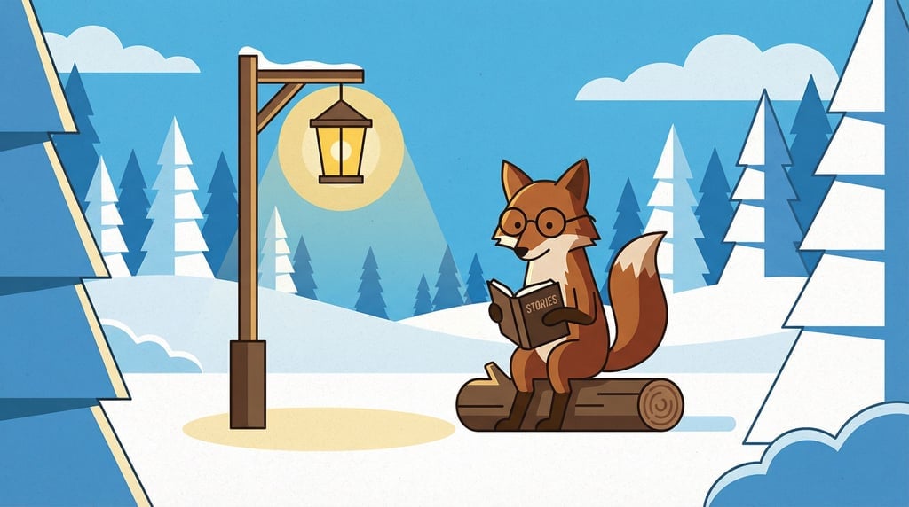 A fox wearing spectacles reading a book by the light of a streetlamp in a quiet snowy forest clearin (izxy7hkc)