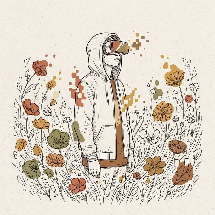 A person wearing VR goggles standing in a wildflower meadow (vfrtaklo)