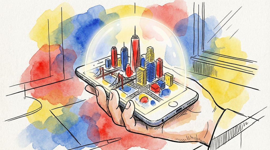 A hand holding a smartphone with a tiny detailed city growing upward out of the screen (rmxudd8)