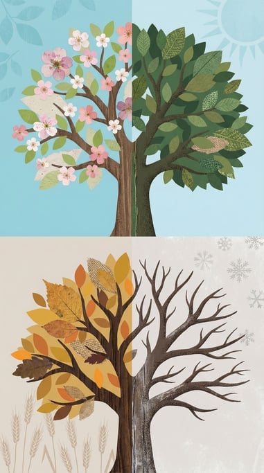 A single tree shown in four quadrants: spring blossoms, summer canopy, autumn gold (5vjycroh)