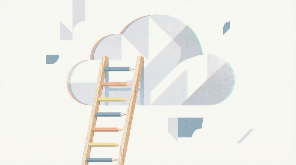 A tall ladder leaning against the underside of a fluffy cloud, rungs made of colored pencils (q4tukyco)