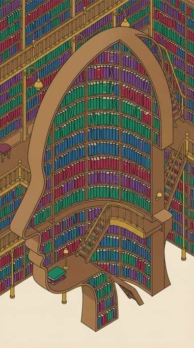A library interior where the bookshelves curve and form the silhouette of a human head in profile (zwsr2mcb)