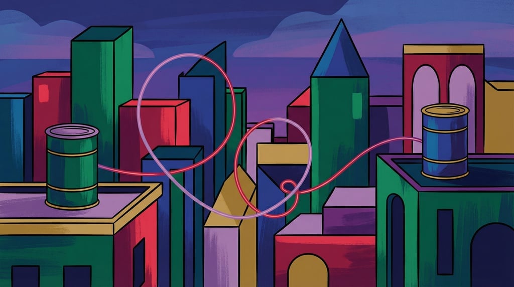 Two tin cans connected by a long string that stretches across an entire city skyline between two roo (h44o7wit)