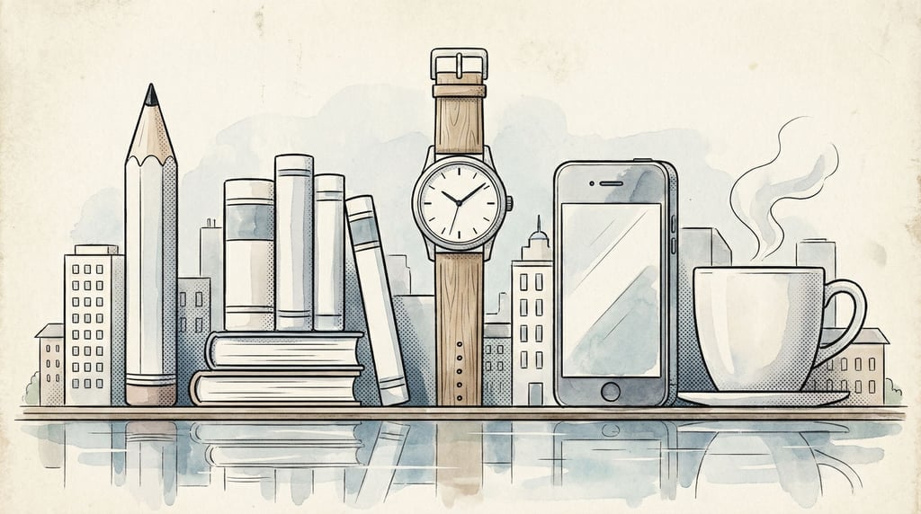 A city skyline where each building is shaped like a different everyday object: pencil, book, phone (xbsxuj7m)