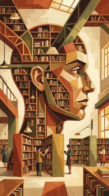 A library interior where the bookshelves curve and form the silhouette of a human head in profile (9shzwms1)