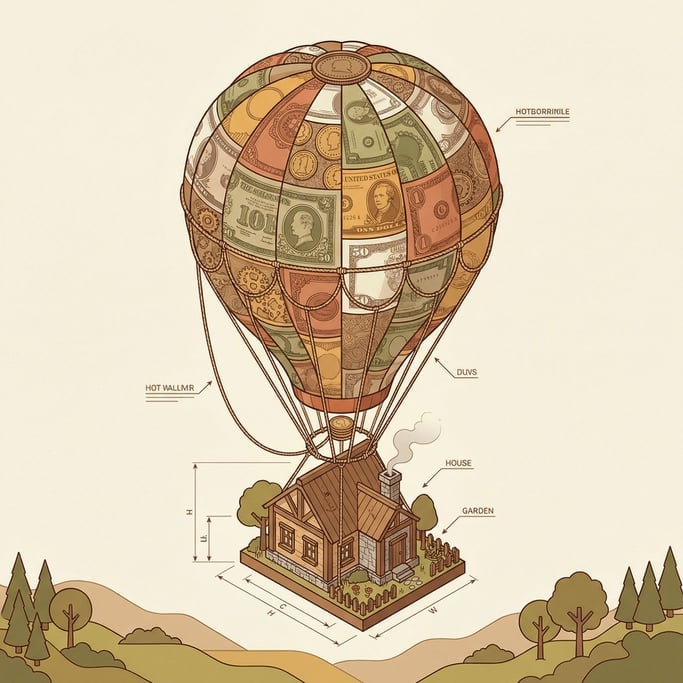 A hot air balloon crafted from woven currency patterns lifting a small cozy house into the sky (vg6vcnvl)