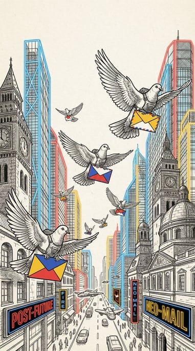 Carrier pigeons in flight delivering colorful envelopes through a futuristic neon-lit city