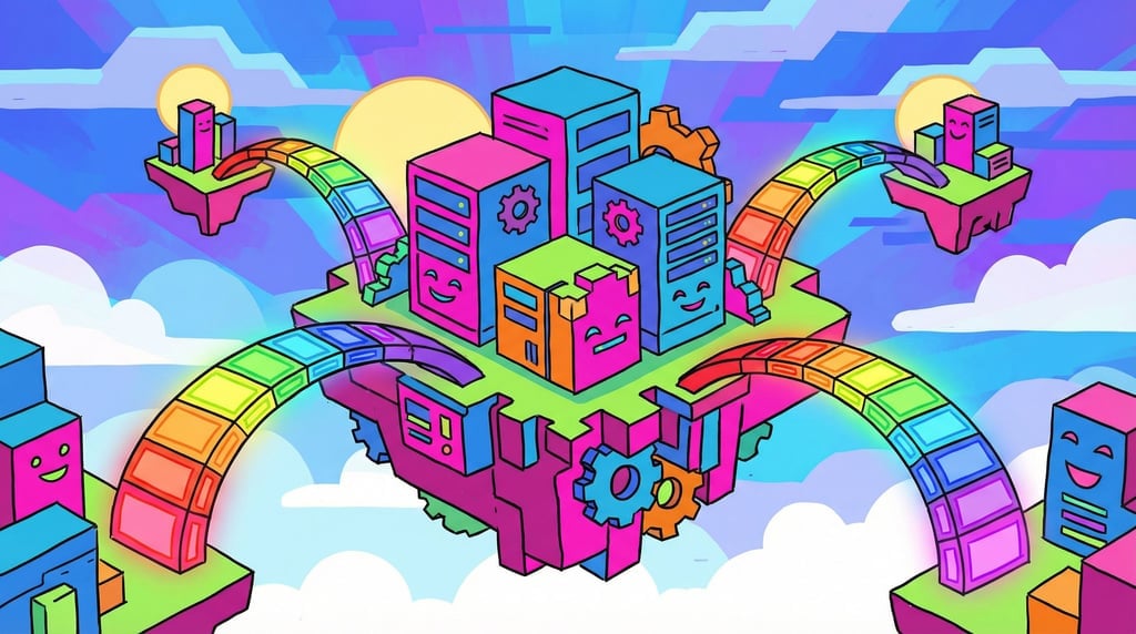 Cloud computing visualized as a floating island of friendly servers connected by rainbow data bridge (bizhrclu)