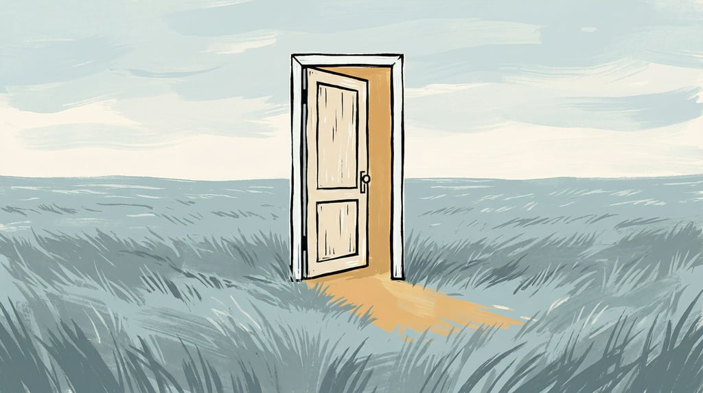 A door standing alone in the middle of an open grass field, slightly ajar (s8rmaqz)