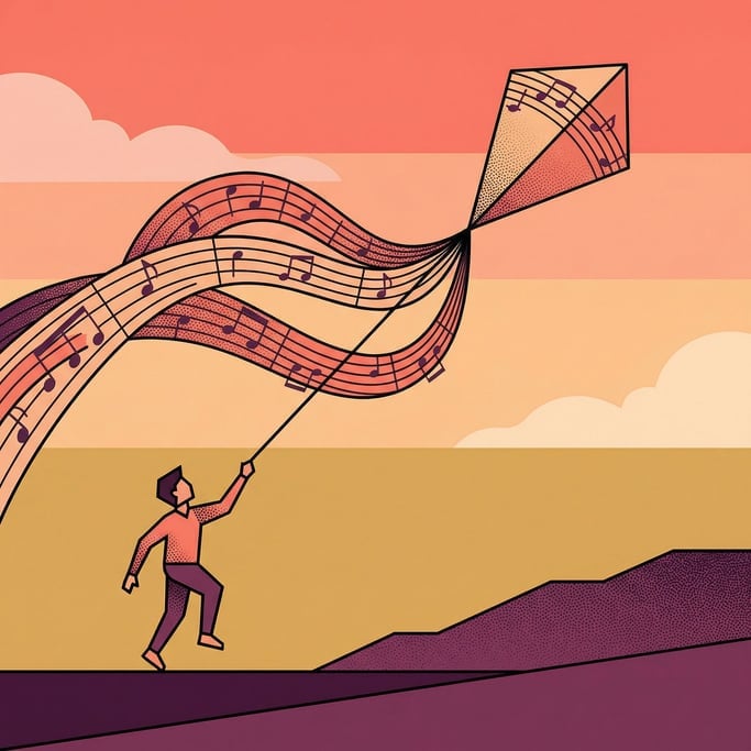 A kite soaring high pulling a small person upward (e6)