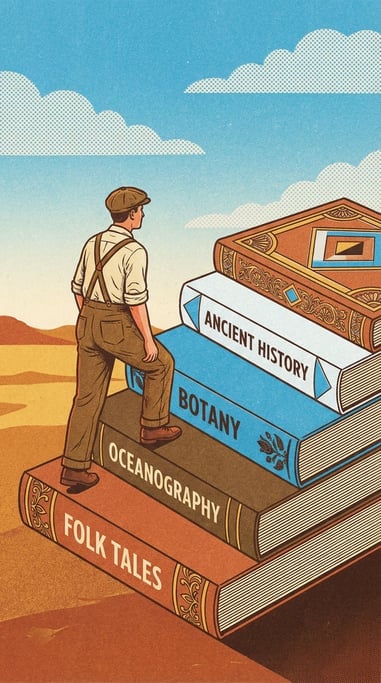 A person climbing a staircase made entirely of stacked books (acjjeb1)