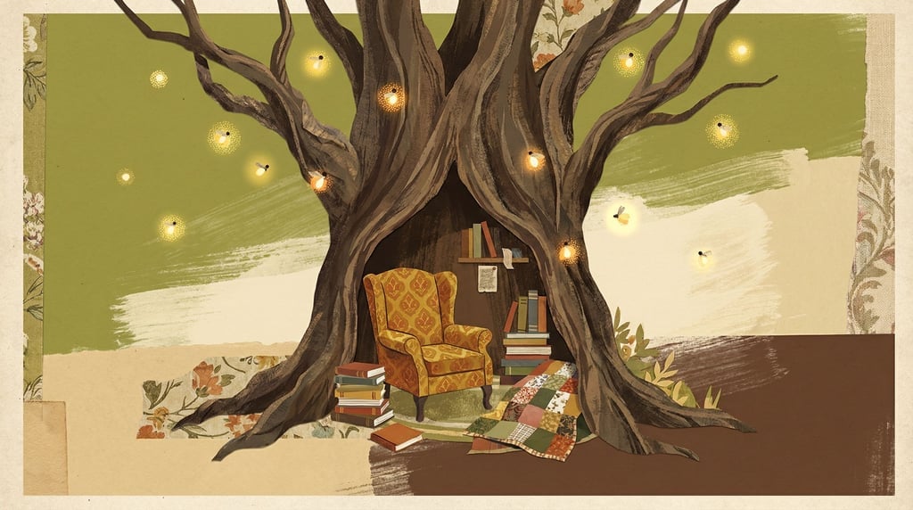 A cozy reading nook built into the hollow of an enormous ancient tree trunk (wmqe9sqj)
