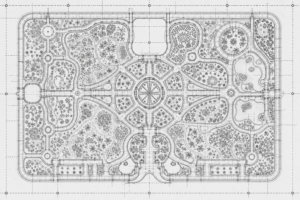 Design plan of a botanical garden with intricate pathways
