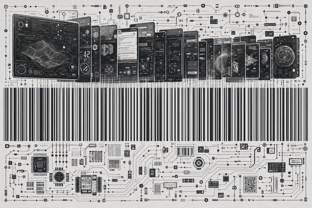 Sequence of layered, interlocking digital screens that blur into high-contrast barcodes