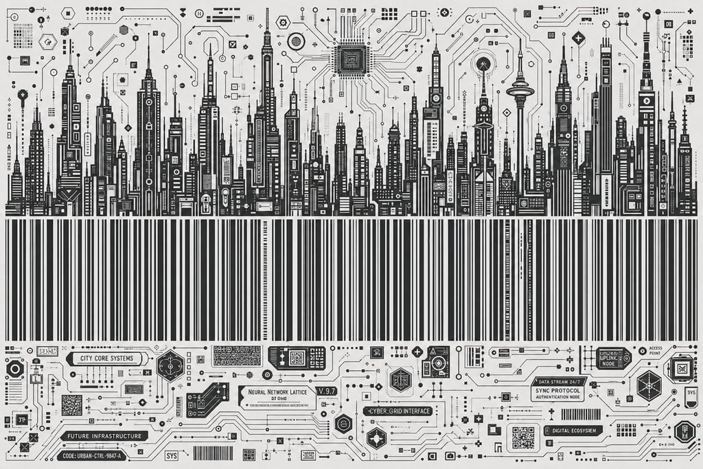 Sprawling cityscape composed of dense, detailed technology-themed barcodes at the base
