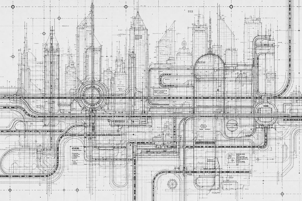 Futuristic urban cityscape with overlapping skyscraper blueprints and transit routes