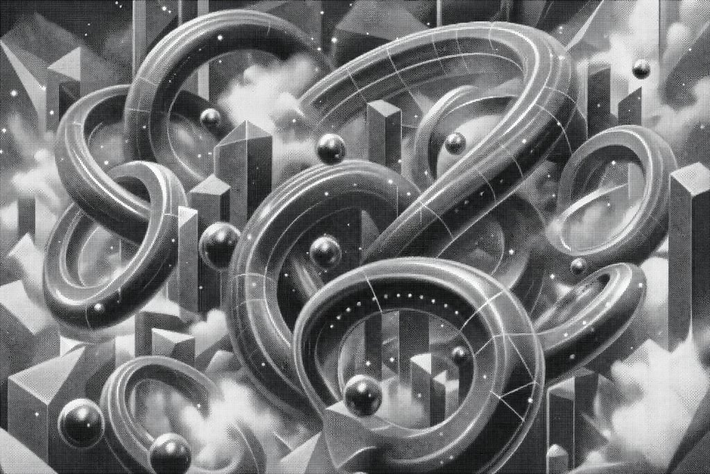 Clusters of interwoven elliptical forms gliding in an ethereal digital atmosphere