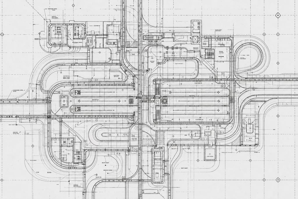 Intricate blueprint of a sprawling underground metro station with overlapping rail tracks