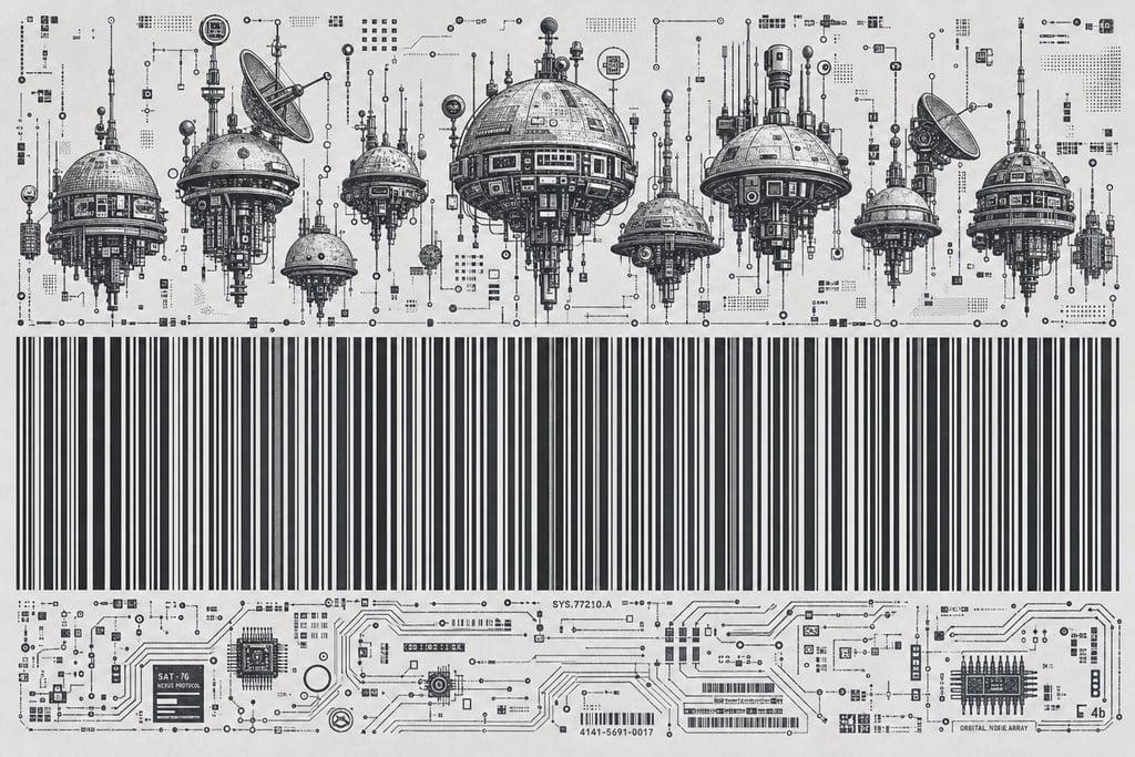 Rows of domed satellites hovering above detailed barcode lines