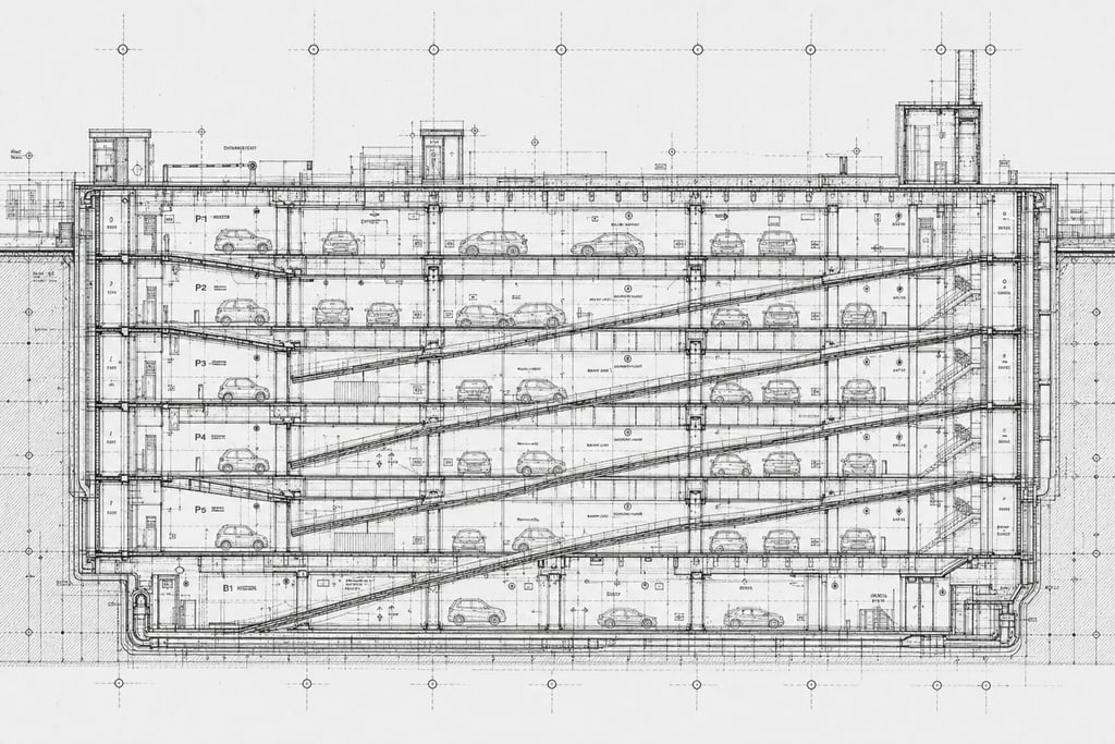 Cutaway view of a multi-level underground parking structure