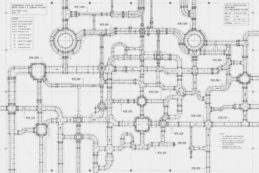 Underground pipeline network map showcasing intersecting water and sewage routes