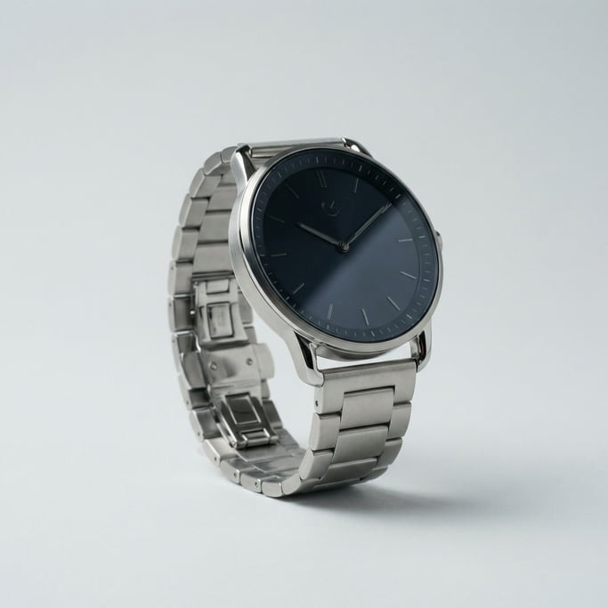Brushed silver smartwatch with a dark sapphire crystal face, minimal dial markings