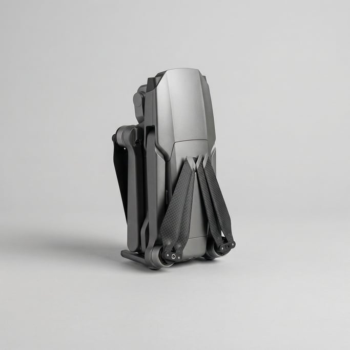 Compact foldable drone in gunmetal grey with carbon fiber propeller arms tucked neatly against the b