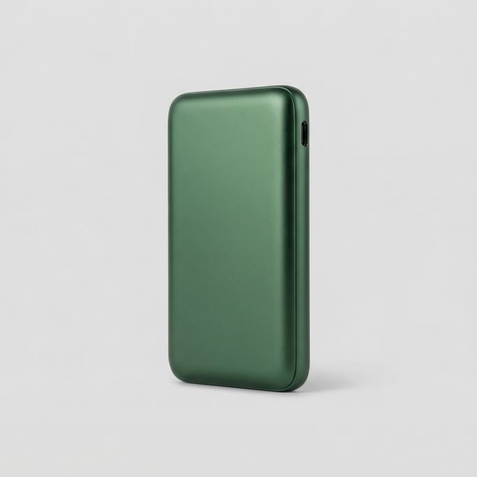 Portable power bank in forest green anodized aluminum with a visible USB-C port and rounded corners