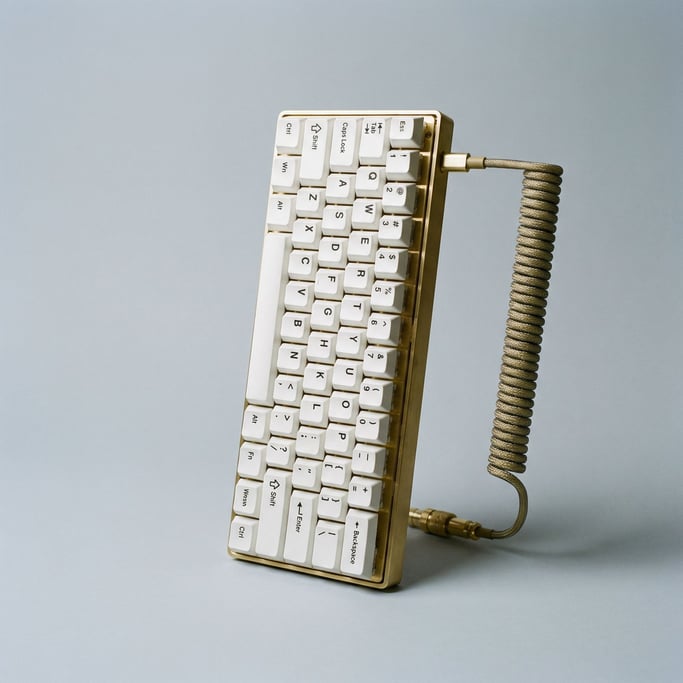 Compact sixty-percent mechanical keyboard with exposed brass switch plates