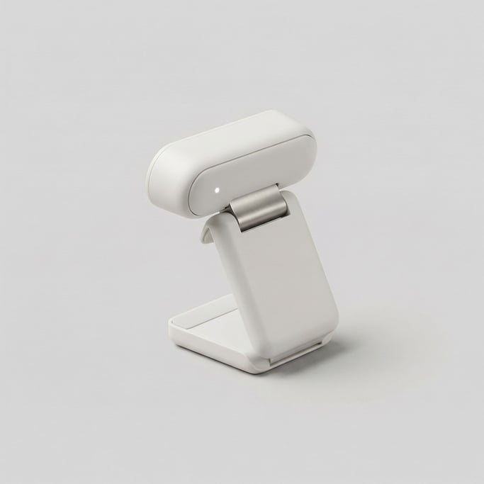 Minimalist webcam in pearl white plastic with an adjustable titanium hinge and a tiny status LED