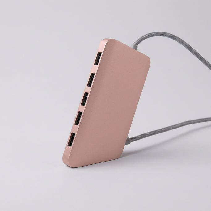 Seven-port USB hub in matte rose gold aluminum with a braided grey fabric cable extending from the r