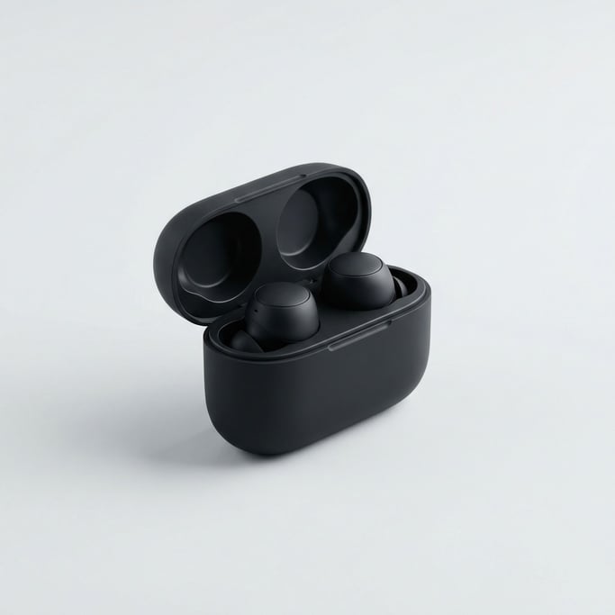 Matte black noise-canceling earbuds resting inside their open rubberized charging case with a magnet
