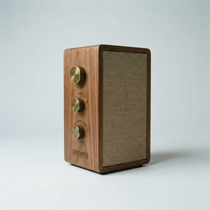 Retro-styled Bluetooth turntable adapter in natural walnut wood with brass dials and a cloth speaker