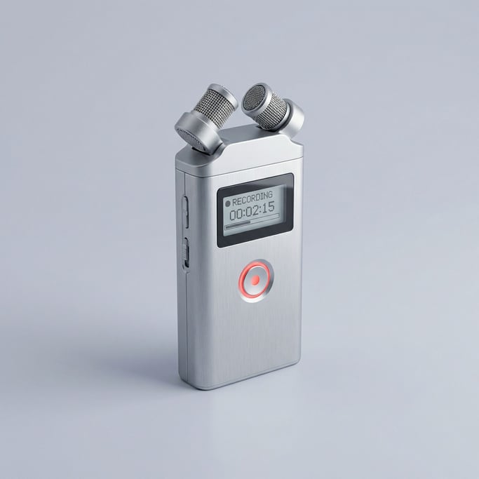 Portable digital audio recorder with a brushed aluminum body, dual condenser microphones