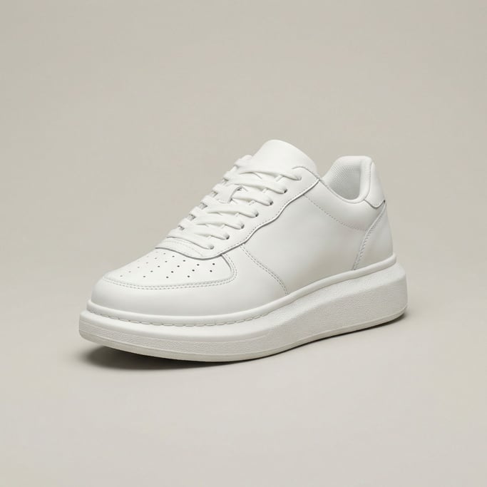 Chunky white leather sneaker with an exaggerated foam sole, tonal stitching