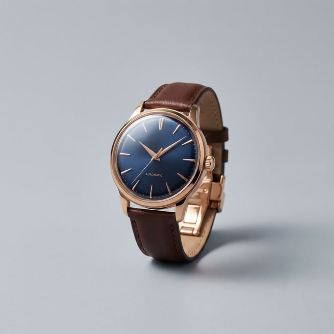 Classic automatic watch with rose gold dauphine hands on a midnight blue sunburst dial under sapphir