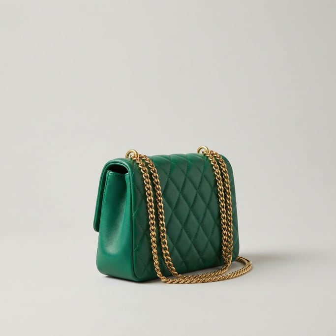 Structured mini handbag in quilted emerald green lambskin leather with a polished gold chain shoulde