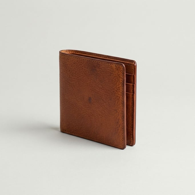 Slim bifold wallet in vegetable-tanned cognac leather showing natural pebbled grain and burnished ca