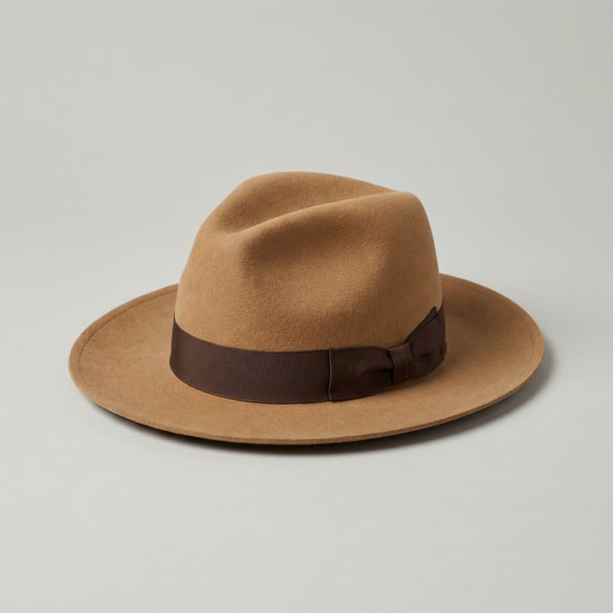 Wide-brim felt fedora in camel wool with a dark grosgrain ribbon band and a pinched crown