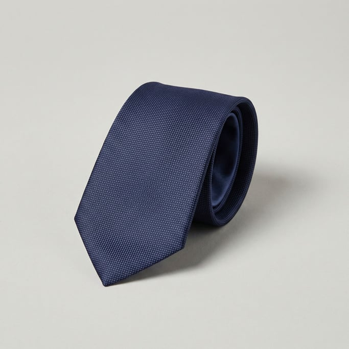 Silk necktie in deep indigo with a subtle micro-dot jacquard pattern and a satin-finish underside