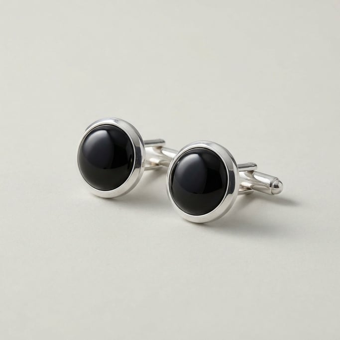 Polished black onyx cufflinks with beveled sterling silver bezels, toggle-back closures