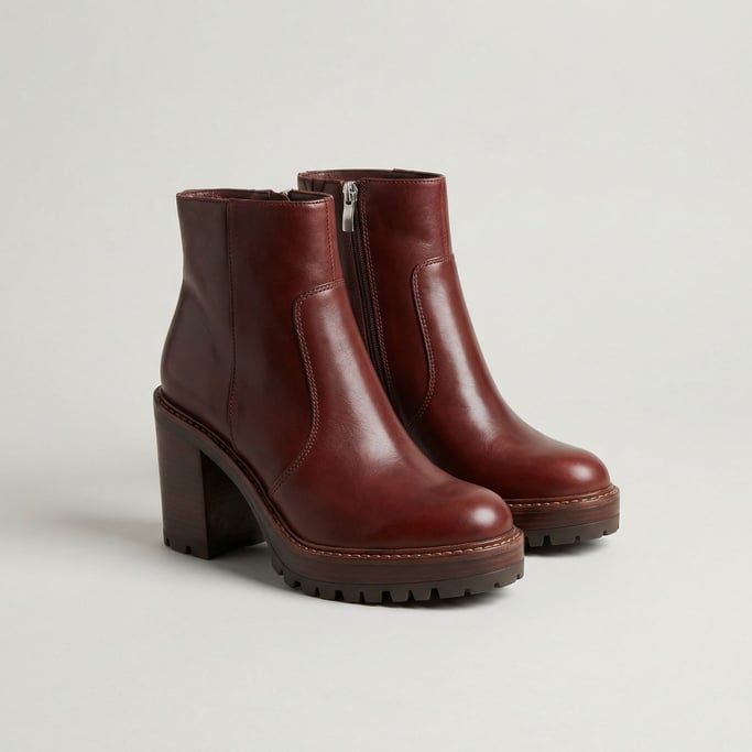 Platform leather ankle boot in rich oxblood with a chunky block heel, side zip, and welted sole