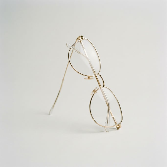 Cat-eye prescription glasses with thin gold wire frames, clear lenses