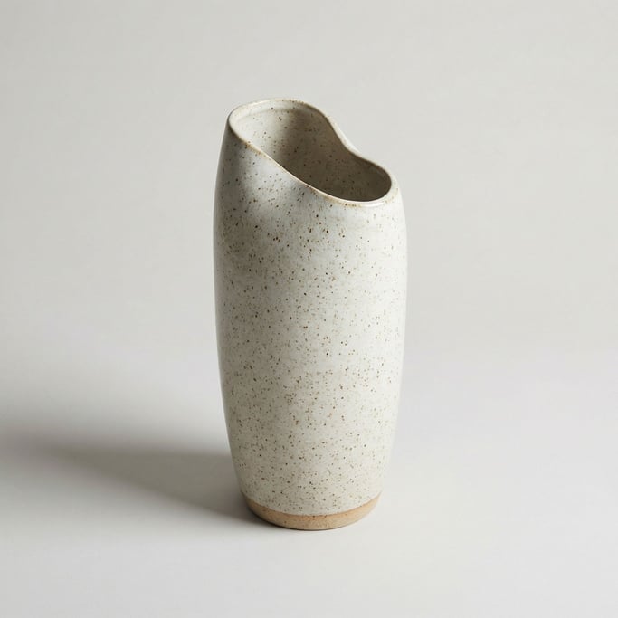 Tall ceramic vase with an asymmetric organic opening in speckled off-white stoneware glaze with raw