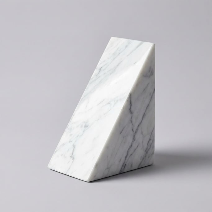 Geometric marble bookend carved from Carrara white stone with grey veining and a polished triangular