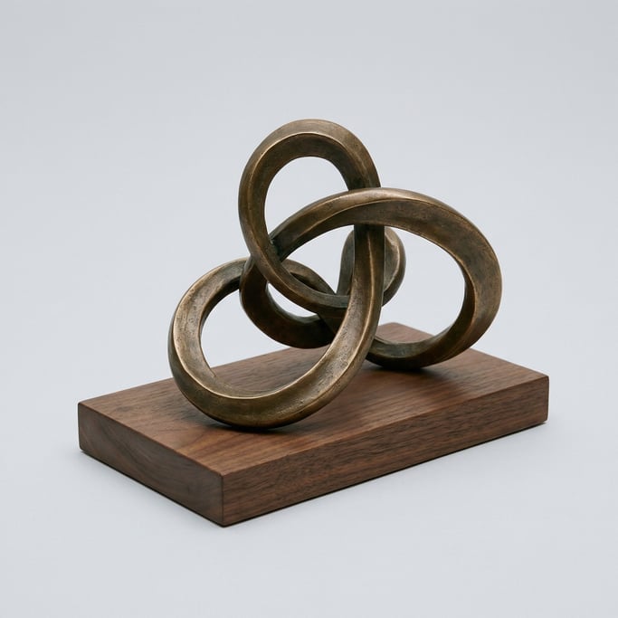 Abstract bronze sculpture of intertwining loops mounted on a rectangular dark walnut wooden display