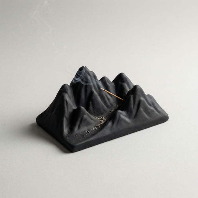 Ceramic incense holder shaped like a miniature mountain range in matte black stoneware with ash-catc