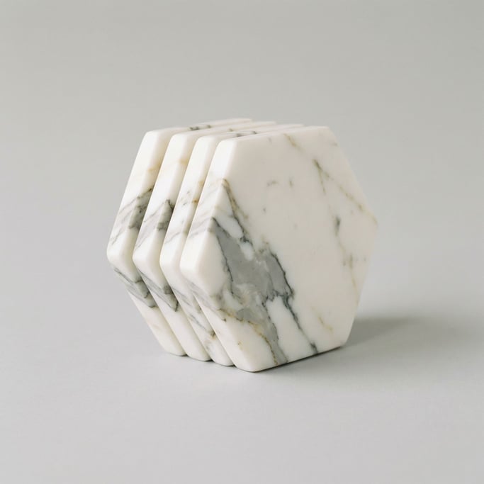 Four hexagonal marble coasters neatly stacked