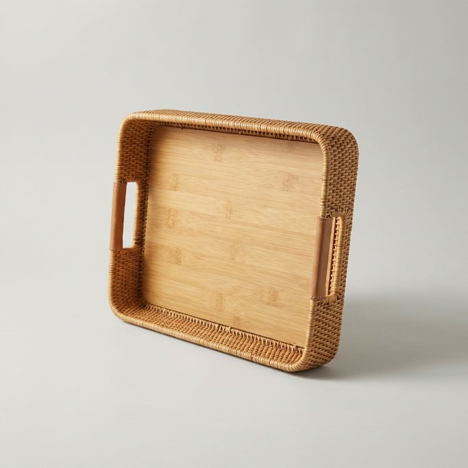 Woven rattan table tray in natural honey tone with stitched leather side handles and a flat bamboo b